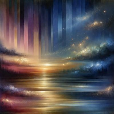 The primary subject of the image is a beautifully painted water scene with a sunset in the background. The setting is a body of water, and the background features a sky with a sunset. The visual style of the image is a painting, which showcases the artist's skill in capturing the colors and mood of the scene. The dominant colors in the painting are blue, yellow, and orange, creating a serene and calming atmosphere.